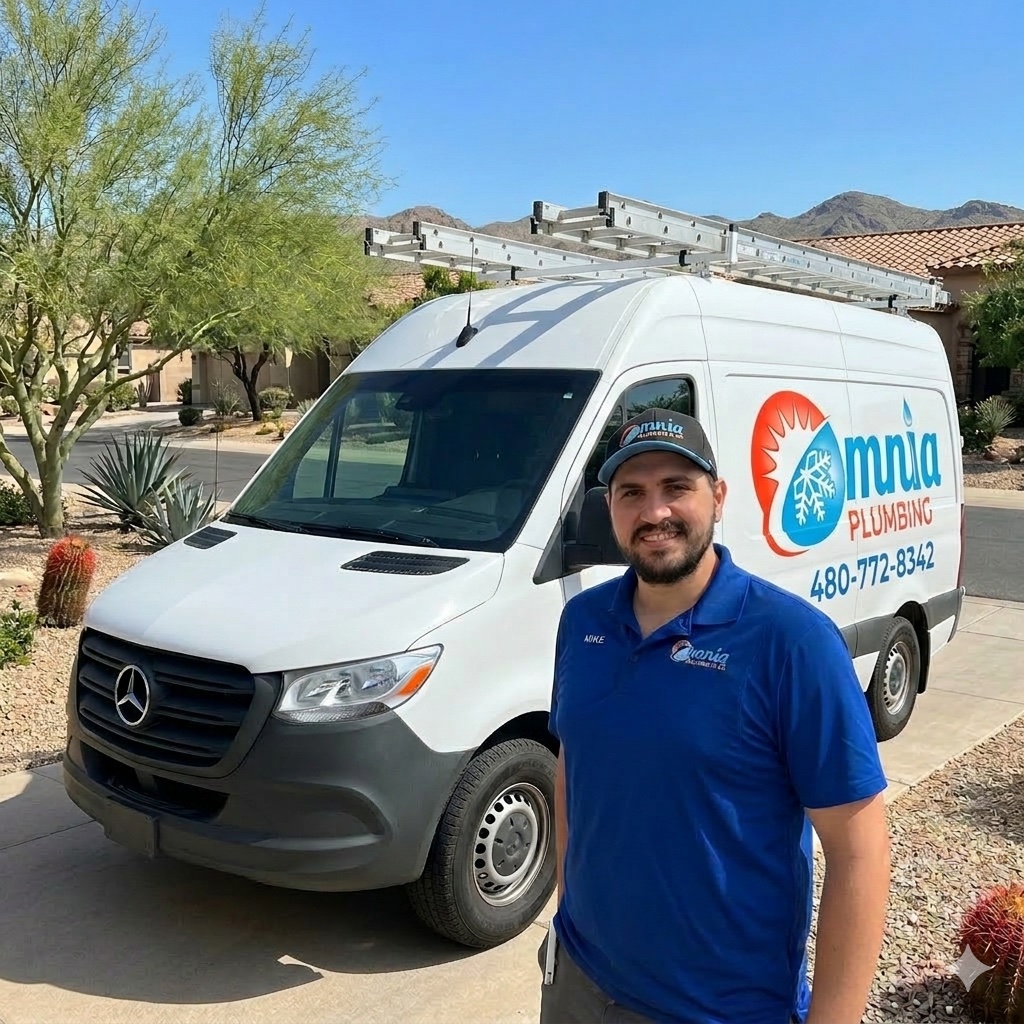 Omnia Plumbing owner Mike standing in front of the company's branded Mercedes Sprinter service van.